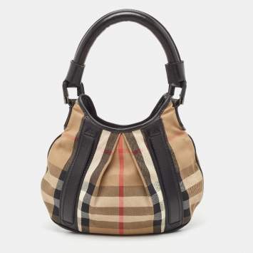 Pre Owned Burberry Black/Beige House Check Canvas and Leather Phoebe Hobo