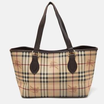 Pre Owned Burberry Brown/Beige Haymarket Check PVC and Leather Regent Tote