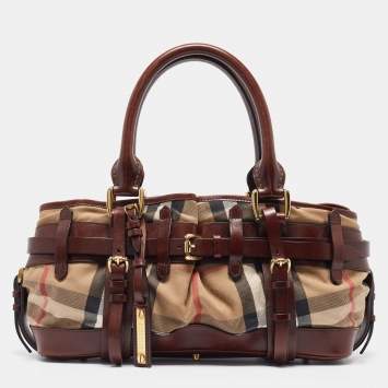 Pre Owned Burberry Brown/Beige House Check Canvas and Leather Rowan Satchel