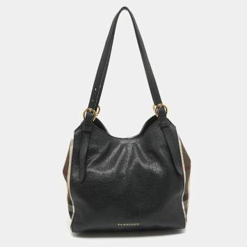 Pre Owned Burberry Black/Beige House Check Fabric and Leather Small Canterbury Tote