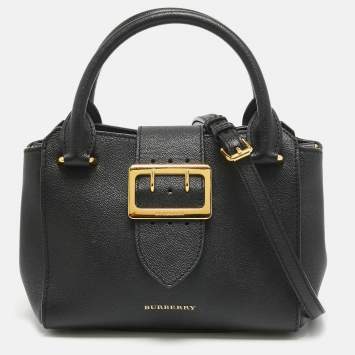 Pre Owned Burberry Black Leather Buckle Flap Tote