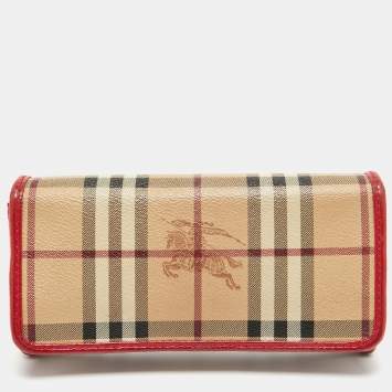 Pre Owned Burberry Red/Beige House Check Coated Canvas and Patent Leather Flap Continental Wallet