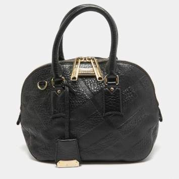 Pre Owned Burberry Black Heritage Check Embossed Leather Small Orchard Bowler Bag