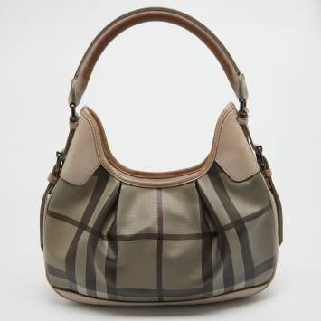 Pre Owned Burberry Smoked Check Coated Canvas and Leather Small Brooklyn Hobo