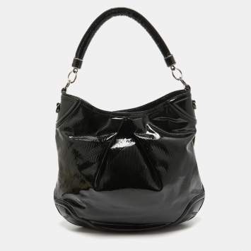 Pre Owned Burberry Black Textured Patent Leather Hobo