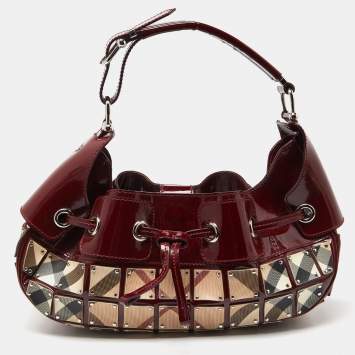 Pre Owned Burberry Red/Beige Super Nova Check Mini Warrior Studded Hobo