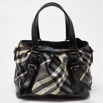 Pre Owned Burberry Black/Grey Beat Check Canvas and Patent Leather Lowry Tote