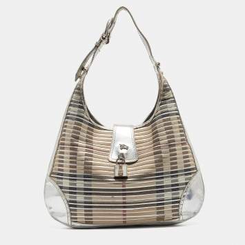 Pre Owned Burberry Silver/Beige House Check Coated Canvas and Patent Leather Brooke Hobo