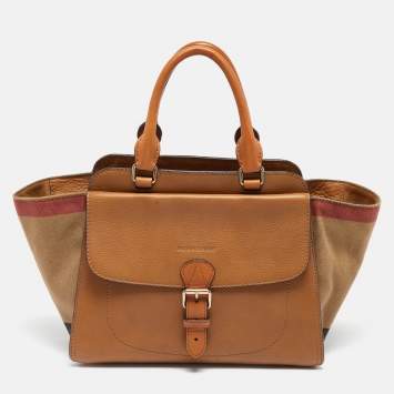 Pre Owned Burberry Beige House Check Canvas and Leather Medium Harcourt Tote