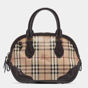 Pre Owned Burberry Beige/Dark Brown House Check Coated Canvas and Leather Orchard Bag