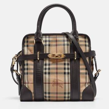 Pre Owned Burberry Choco Brown/Beige Haymarket Check Coated Canvas and Leather Minford Satchel