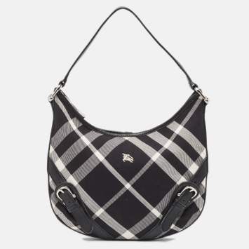 Pre Owned Burberry Black House Check Canvas and Leather Larkin Hobo