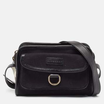 Pre Owned Burberry Black Leather and Check Canvas Front Pocket Crossbody Bag