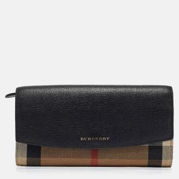Pre Owned Burberry Black/Beige House Check Canvas and Leather Flap Continental Wallet