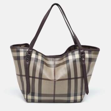 Pre Owned Burberry Smoked Check Coated Canvas and Leather Small Canterbury Tote