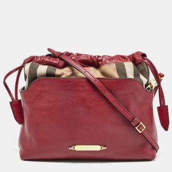 Pre Owned Burberry Burgundy/Beige House Check Canvas and Leather Little Crush Crossbody Bag