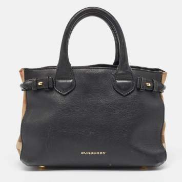Pre Owned Burberry Black/Beige Leather and House Check Fabric Small Banner Tote