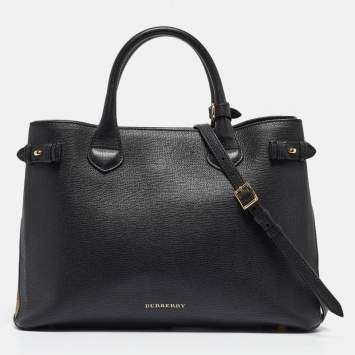 Pre Owned Burberry Black/Beige Leather and House Check Fabric Medium Banner Tote