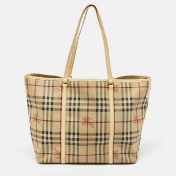 Pre Owned Burberry Light Yellow/Beige Haymarket PVC and Patent Leather Open Tote