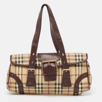 Pre Owned Burberry Brown/Beige House Check PVC and Leather Buckle Flap Bag
