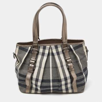 Pre Owned Burberry Beige Beat Check Lurex Fabric and Leather Northfield Tote