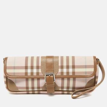 Pre Owned Burberry Pink/Beige House Check PVC and Leather Buckle Flap Wristlet Clutch