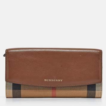 Pre Owned Burberry Brown/Beige House Check Canvas and Leather Flap Continental Wallet