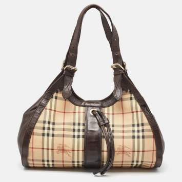 Pre Owned Burberry Brown/Beige Haymarket Check Coated Canvas Tassel Satchel