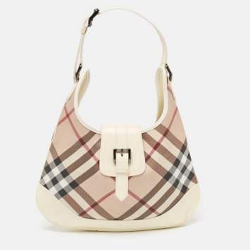 Pre Owned Burberry White/Beige Nova Check PVC and Patent Leather Brooke Hobo