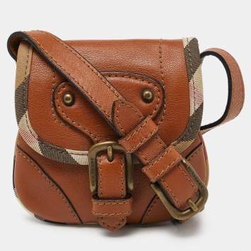 Pre Owned Burberry Tan/Beige House Check Canvas and Leather Flap Crossbody Bag