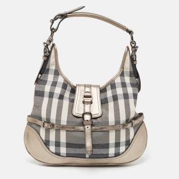 Pre Owned Burberry Grey Smoke Check Shimmer Fabric and Leather Brooke Hobo