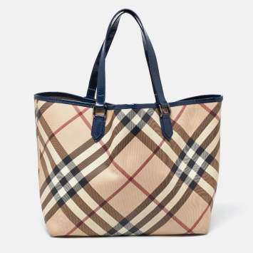 Pre Owned Burberry Beige/Blue Nova Check PVC and Patent Leather Shopper Tote