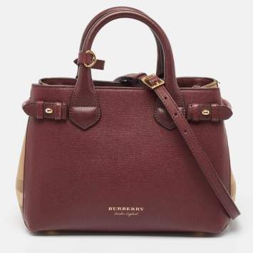 Pre Owned Burberry Burgundy/Beige Leather and House Check Canvas Small Banner Tote