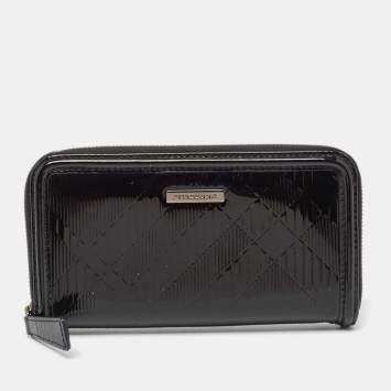 Pre Owned Burberry Black House Check Embossed Patent Leather Zip Continental Wallet