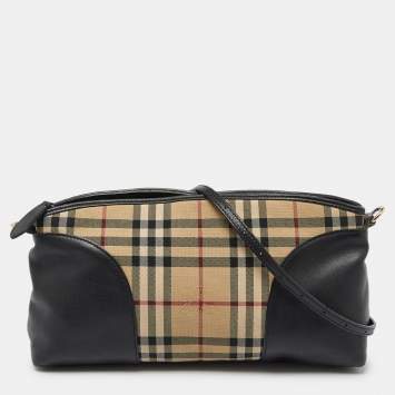Pre Owned Burberry Beige/Black House Check Canvas and Leather Chichester Crossbody Bag