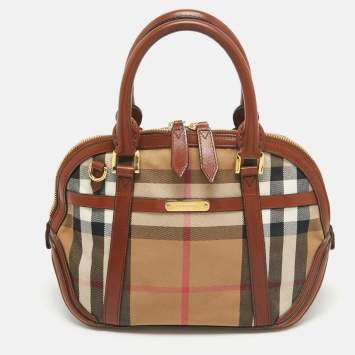 Pre Owned Burberry Brown/Beige House Check Fabric and Leather Orchard Bowler Bag