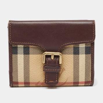 Pre Owned Burberry Brown/Beige Haymarket Check Coated Canvas and Leather Buckle Flap Compact Wallet