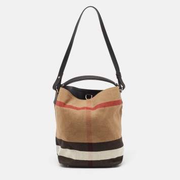 Pre Owned Burberry Black/Beige House Check Canvas and Leather Ashby Hobo