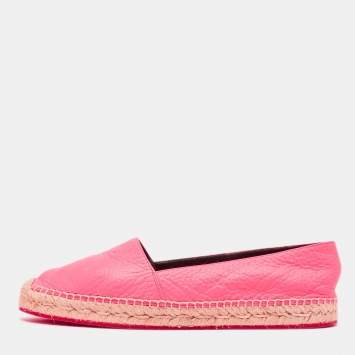 Pre Owned Burberry Neon Pink Leather Hodgeson Logo Slip On Espadrilles Size 39