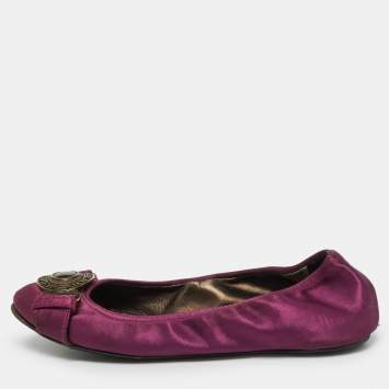 Pre Owned Burberry Purple Satin Buckle Logo Scrunch Ballet Flats Size 37