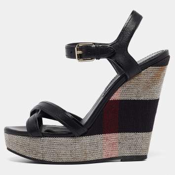 Pre Owned Burberry Black Canvas and Leather Walmer Wedge Sandals Size 36