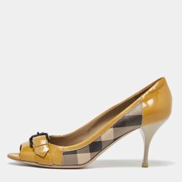 Pre Owned Burberry Tricolor Patent and Nova Check Canvas Peep Toe Pumps Size 40