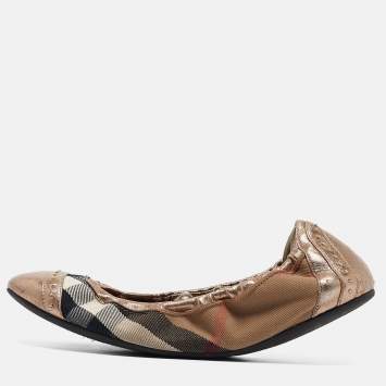 Pre Owned Burberry Bronze Leather and House Check Canvas Southwark Studded Scrunch Ballet Size 40