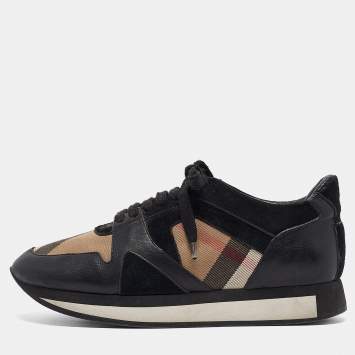 Pre Owned Burberry Black/Beige Supernova Canvas and Leather  Low Top Sneakers Size 38.5
