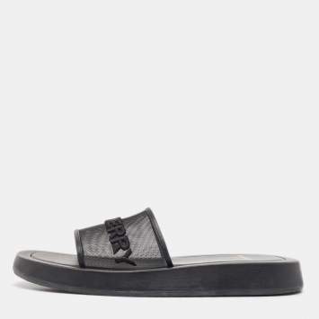 Pre Owned Burberry Black Mesh and Leather Flat Sandals Size 39