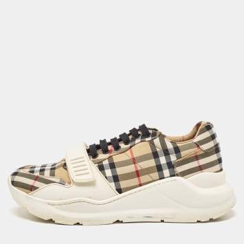 Pre Owned Burberry Brown Canvas and Leather Lace Up Sneakers Size 41