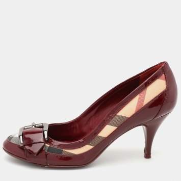 Pre Owned Burberry Burgundy Patent Leather and Coated Canvas Buckle Detail Pumps Size 37