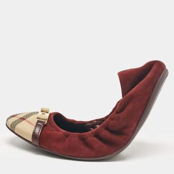 Pre Owned Burberry Burgundy Suede and Canvas Ballet Flats Size 39.5