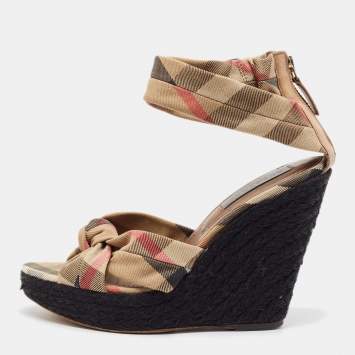 Pre Owned Burberry Brown/Beige Canvas and Leather Wedge Sandals Size 40