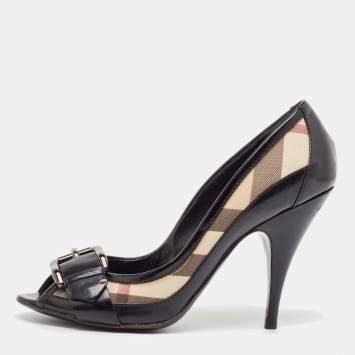 Pre Owned Burberry Black Canvas and Patent Leather Peep Toe Pumps Size 39